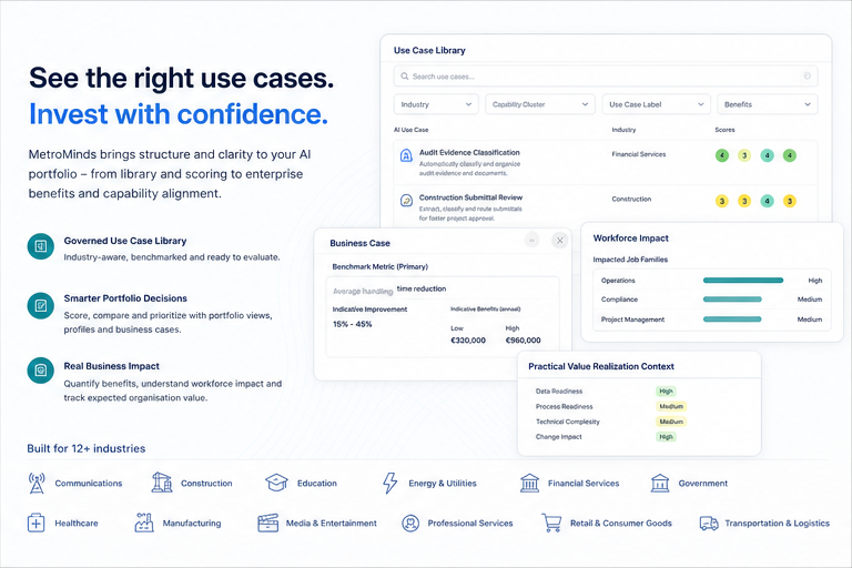 MetroMinds homepage hero showing governed use case discovery, profile insight and portfolio decision support.