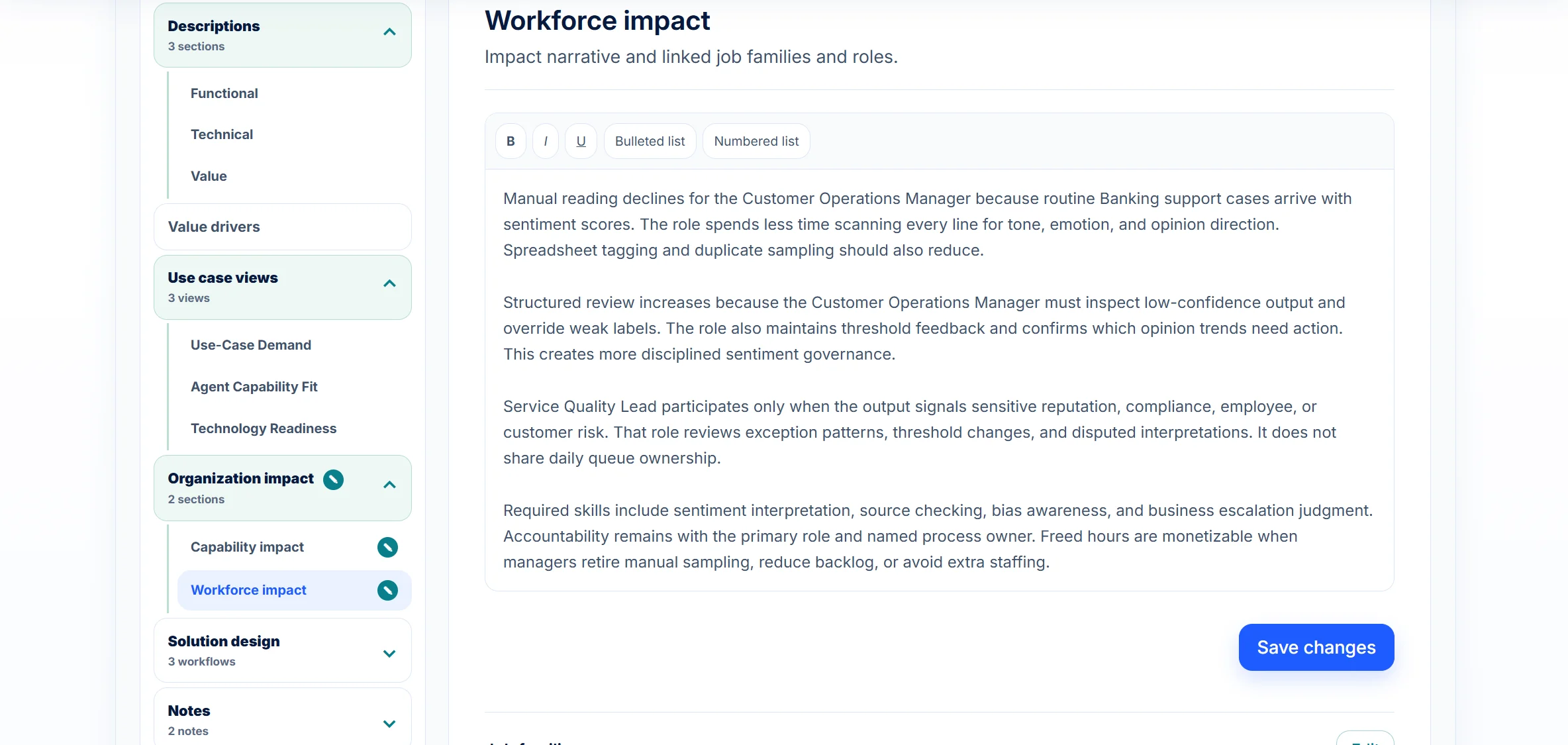 Workforce impact section of a use case workspace in MetroMinds: which tasks shrink, which review work grows, when the Service Quality Lead is involved and which skills the role needs
